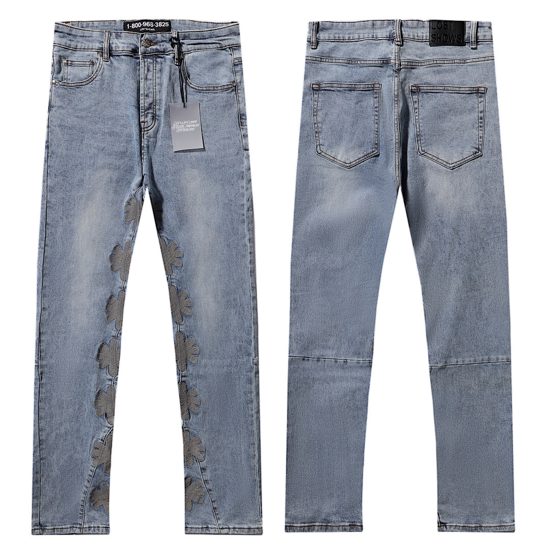 LOST SHDWS Light Wash Grey Floral Applique Stacked Flare Jeans