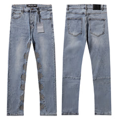 LOST SHDWS Light Wash Grey Floral Applique Stacked Flare Jeans