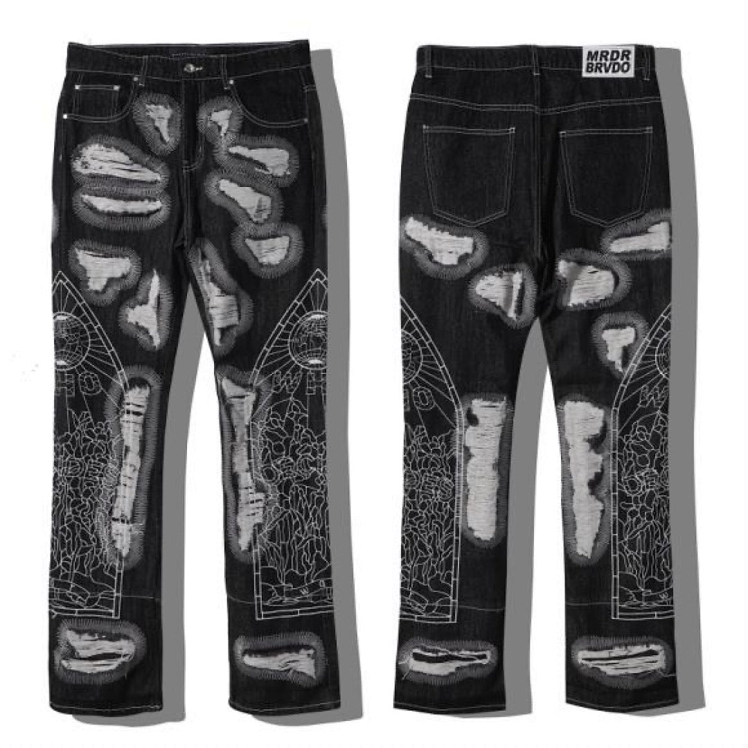 Who Decides War Cathedral Embroidered Black Destroyed Stacked Flare Jeans