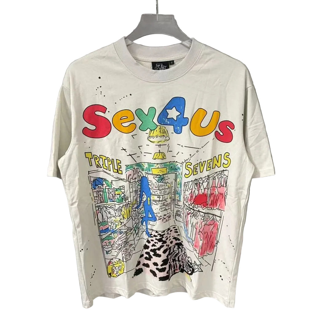 Triple Sevens Sex4Us Colorful Cartoon Graphic Off‑White Tee
