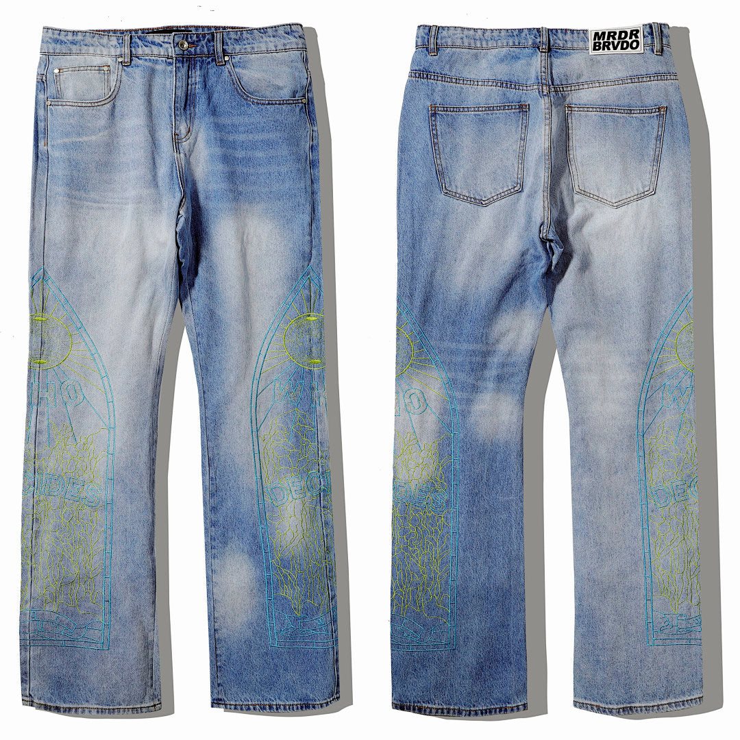 Who Decides War Neon Cathedral Embroidered Light Wash Stacked Flare Jeans