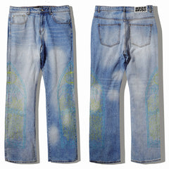 Who Decides War Neon Cathedral Embroidered Light Wash Stacked Flare Jeans