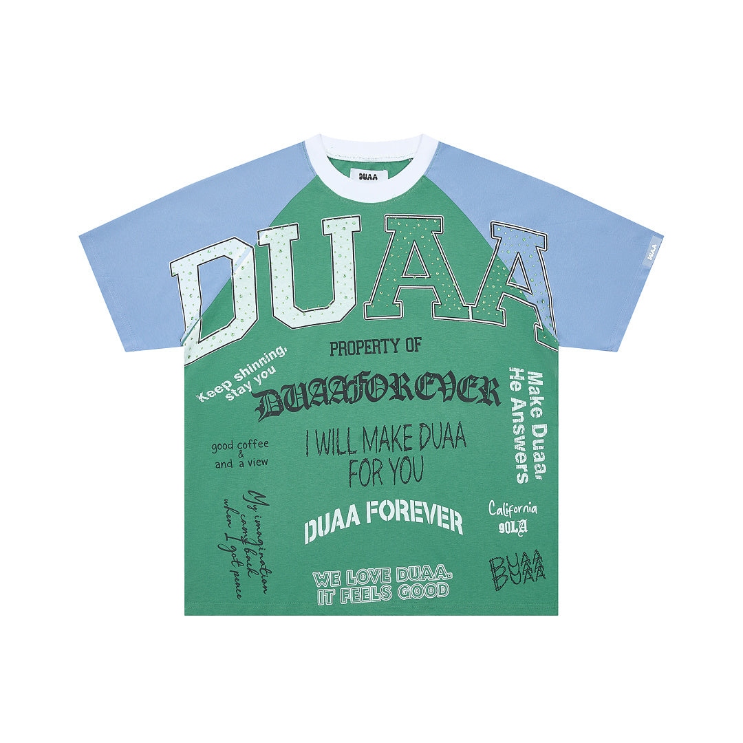 DUAA Green‑Blue Raglan Multi‑Slogan Oversized Graphic T‑Shirt