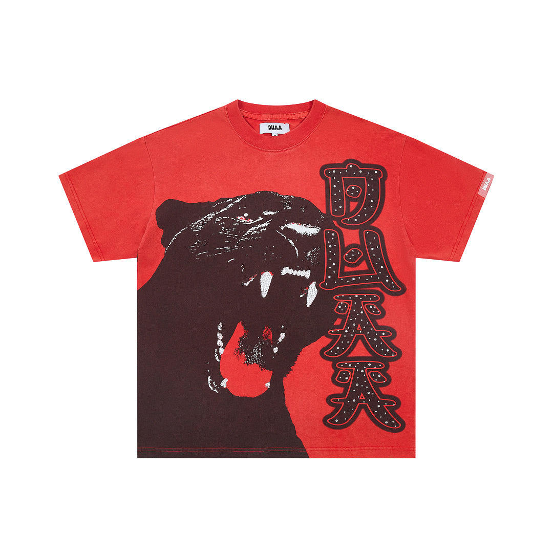 DUAA Red Washed Black Panther Oriental Lettering Oversized T‑Shirt