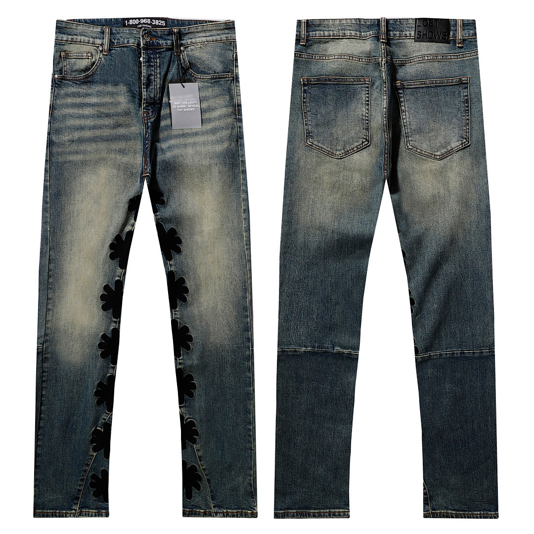 LOST SHDWS VINTAGE WASH BLACK FLORAL APPLIQUE STACKED FLARE JEANS