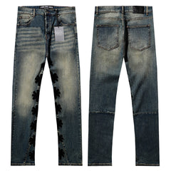 LOST SHDWS VINTAGE WASH BLACK FLORAL APPLIQUE STACKED FLARE JEANS