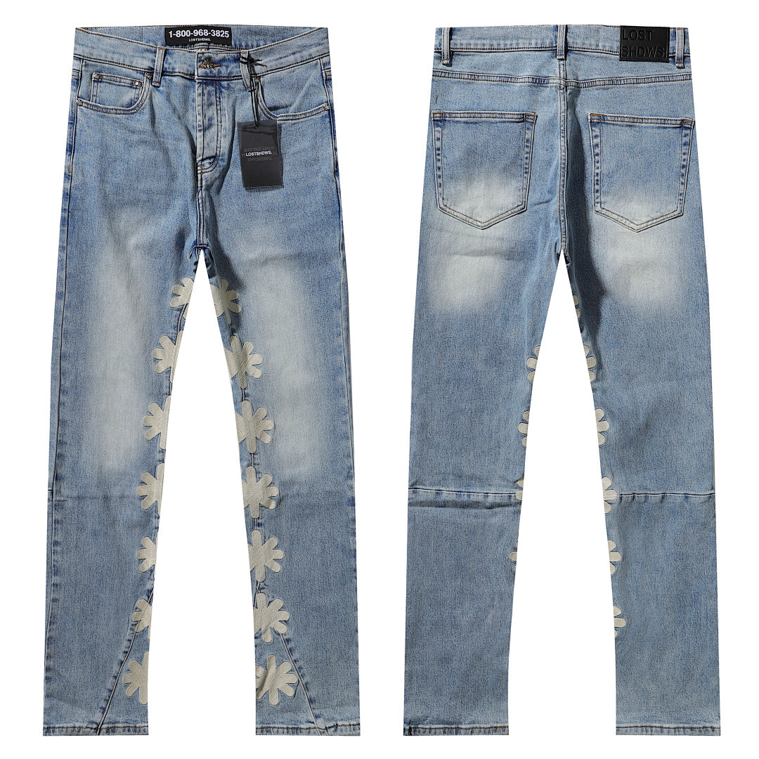LOST SHDWS LIGHT WASH BEIGE FLORAL APPLIQUE STACKED FLARE JEANS