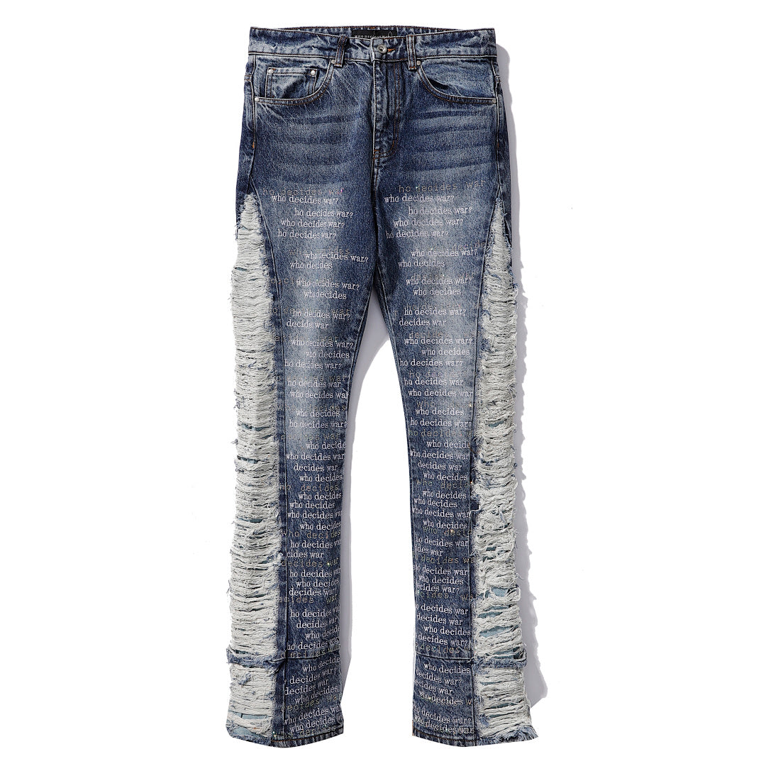 Who Decides War Distressed Text Print Blue Stacked Flare Jeans