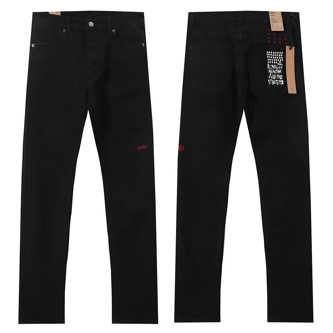 Ksubi Style Red Cross Embroidered Slim Fit Jeans - Jet Black Stretch Denim