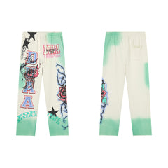 DUAA Green Tie‑Dye Rose Tattoo Graphic Straight Leg Sweat Pants