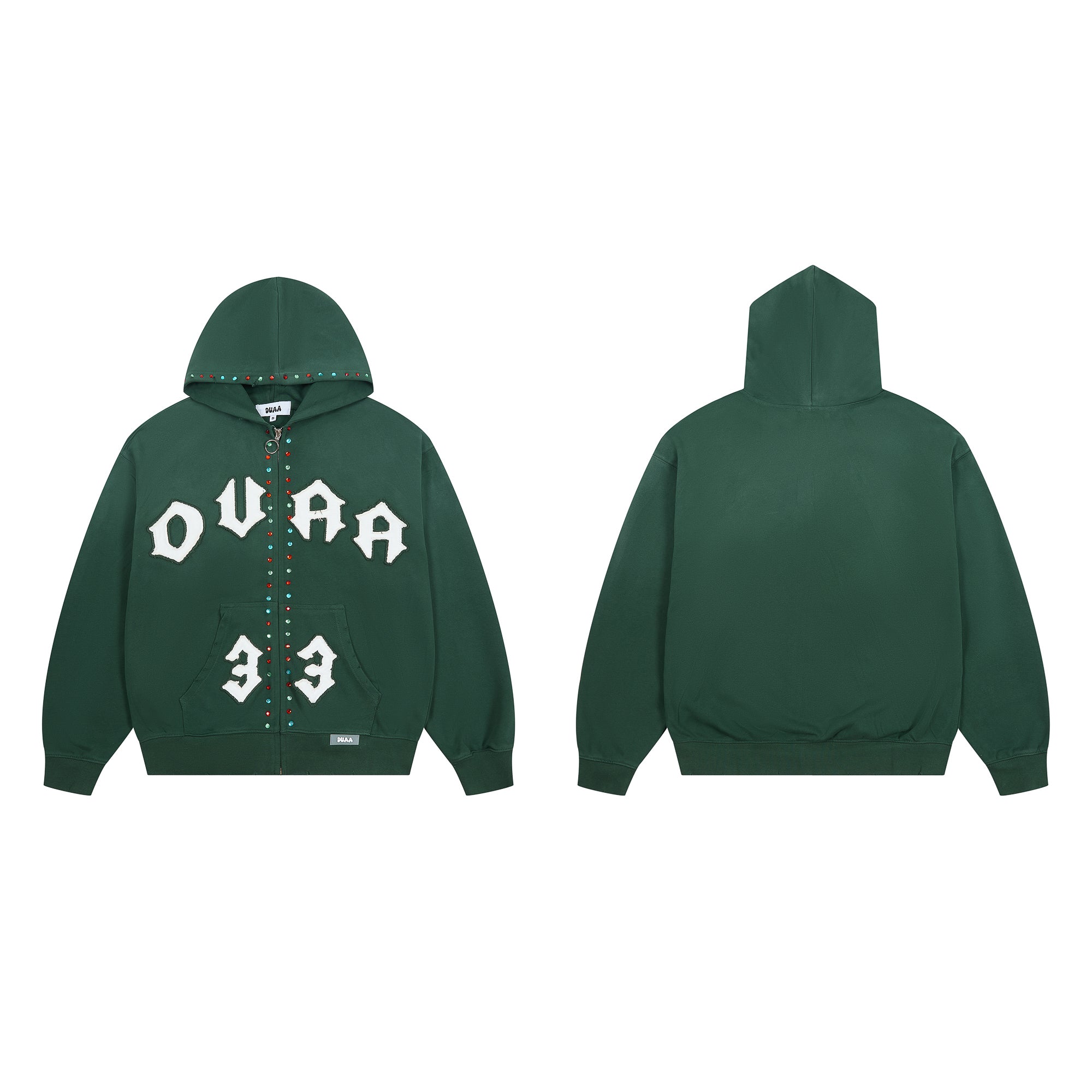 DUAA 33 CHENILLE RHINESTONE DARK GREEN FULL ZIP HOODIE