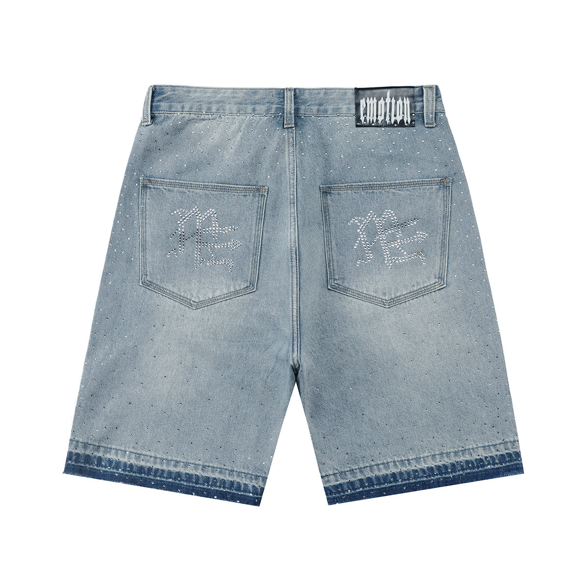 MIXED EMOTION RHINESTONE GRAFFITI DENIM JORTS LIGHT WASH