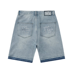 MIXED EMOTION RHINESTONE GRAFFITI DENIM JORTS LIGHT WASH