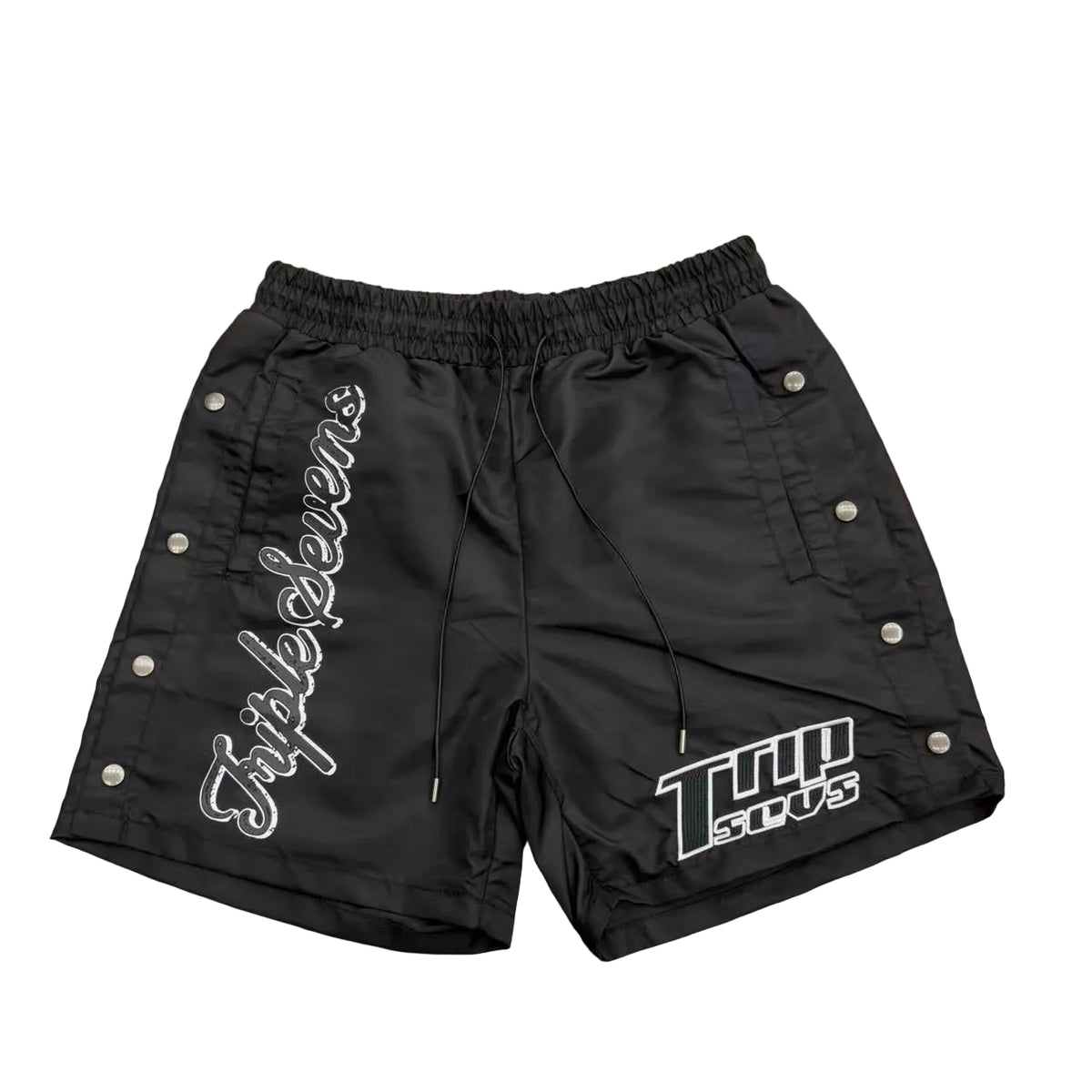 Triple Sevens Black Snap‑Side Graphic Street Shorts