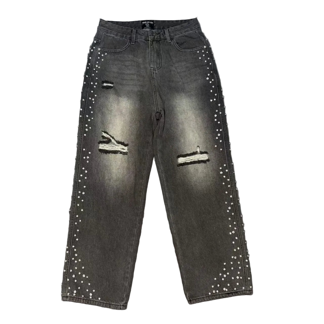 MIXED EMOTION RHINESTONE RIPPED BLACK WASH WIDE LEG DENIM PANTS