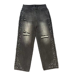 MIXED EMOTION RHINESTONE RIPPED BLACK WASH WIDE LEG DENIM PANTS