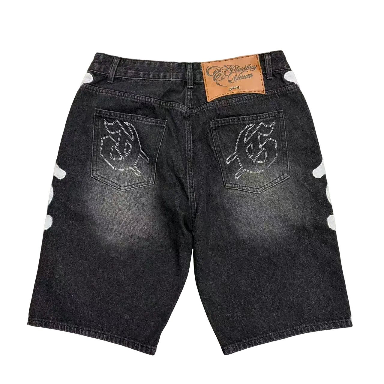 Godspeed All‑Over Logo Applique Black Washed Denim Jort Shorts