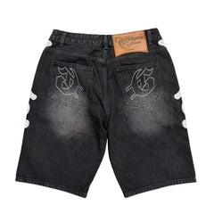 Godspeed All‑Over Logo Applique Black Washed Denim Jort Shorts