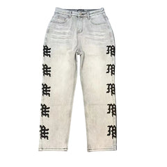 MIXED EMOTION SIDE GOTHIC BLACK EMBROIDERED GREY WASH DENIM PANTS