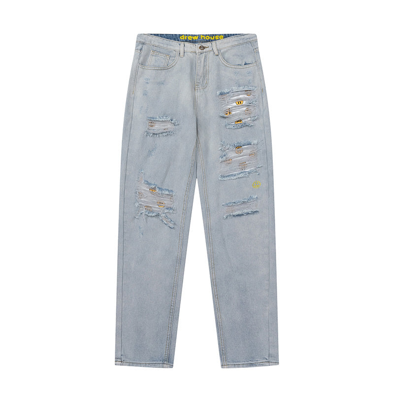 Drew House Ripped Smiley Patch Denim Jeans Light Wash