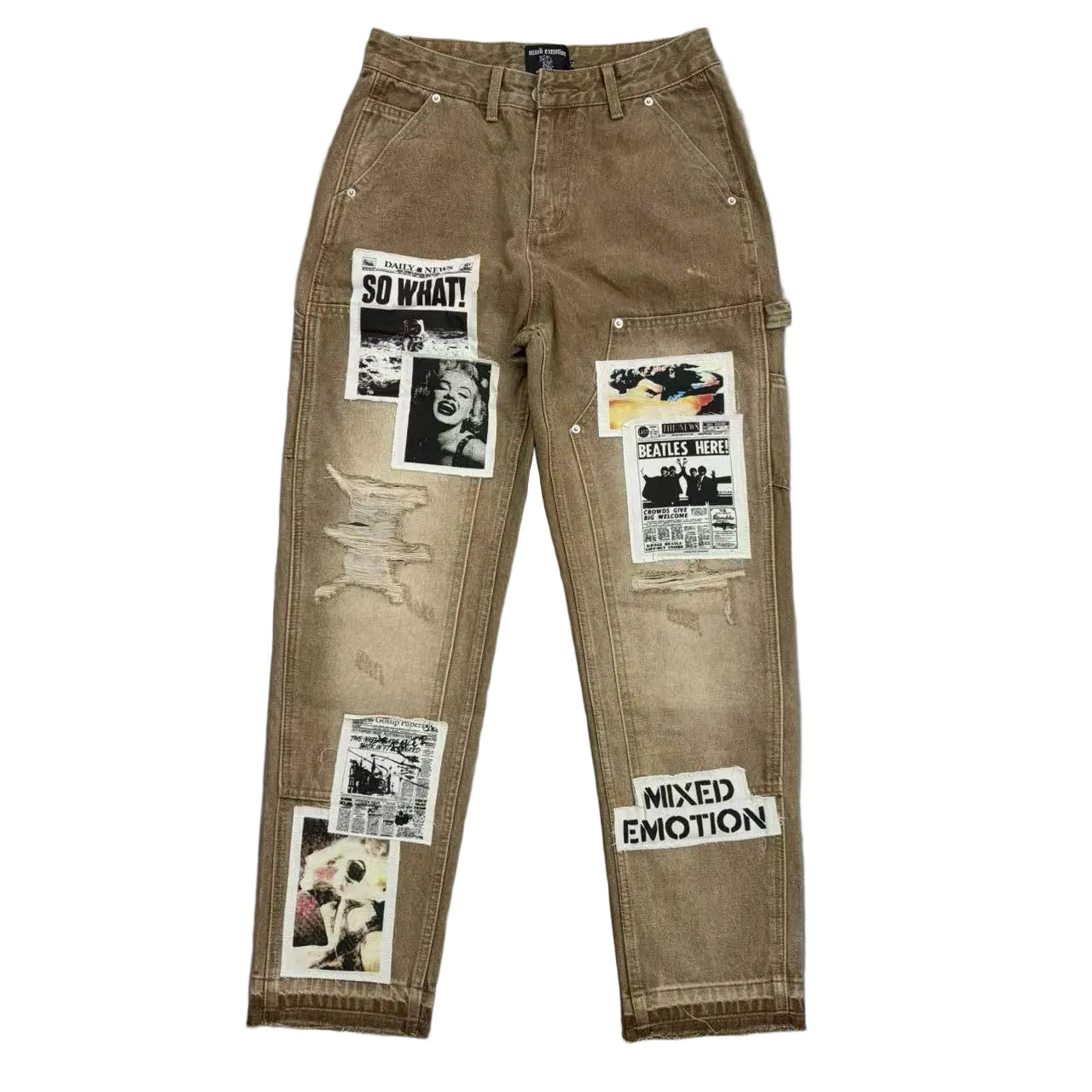 MIXED EMOTION NEWSPAPER PATCH CARPENTER BROWN DENIM PANTS