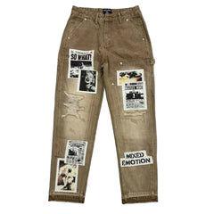 MIXED EMOTION NEWSPAPER PATCH CARPENTER BROWN DENIM PANTS