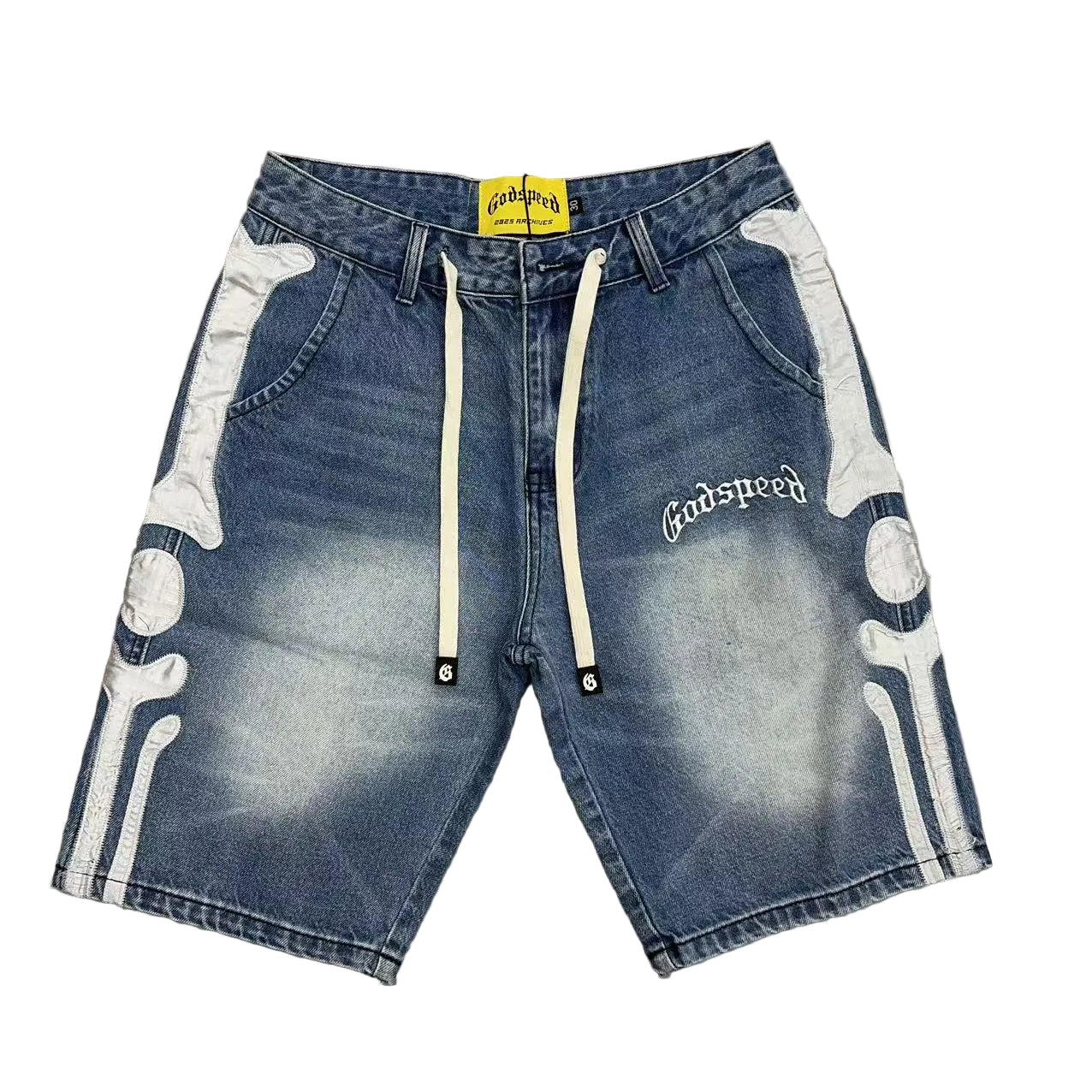 Godspeed Bone Applique Light Wash Denim Jort Shorts