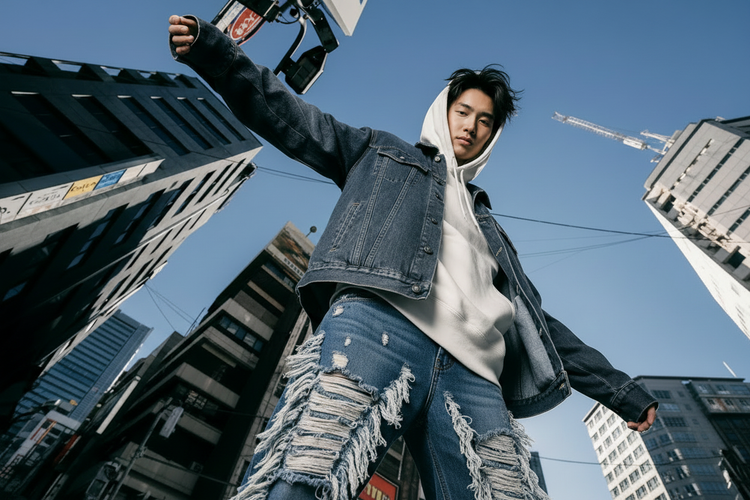 Male model with uploaded distressed fringe jeans
