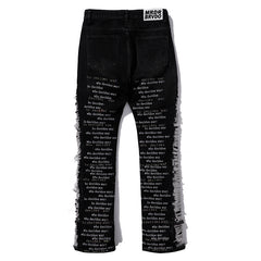 Who Decides War Frayed Side Text Print Black Flare Denim Jeans