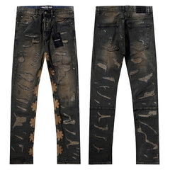 LOST SHDWS DISTRESSED VINTAGE WASH BROWN FLORAL APPLIQUE STACKED FLARE JEANS