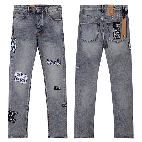 Ksubi Style Multi-Patch Slim Fit Jeans - Vintage Washed Grey Denim