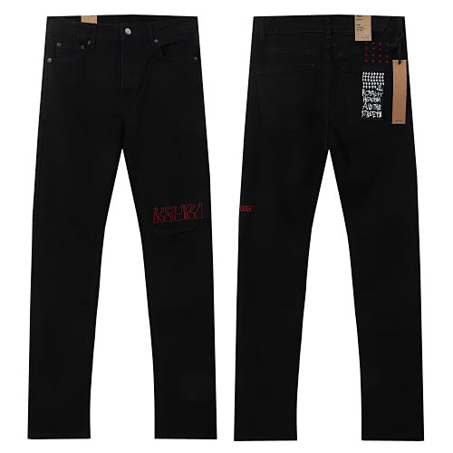 Ksubi Style Red Outlined Logo Slim Fit Jeans - Jet Black Stretch Denim