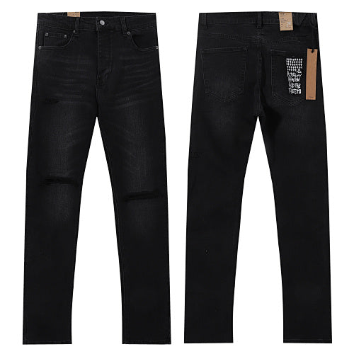 Ksubi Style Knee Slit Distressed Slim Fit Jeans - Washed Black Stretch Denim