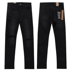 Ksubi Style Knee Slit Distressed Slim Fit Jeans - Washed Black Stretch Denim