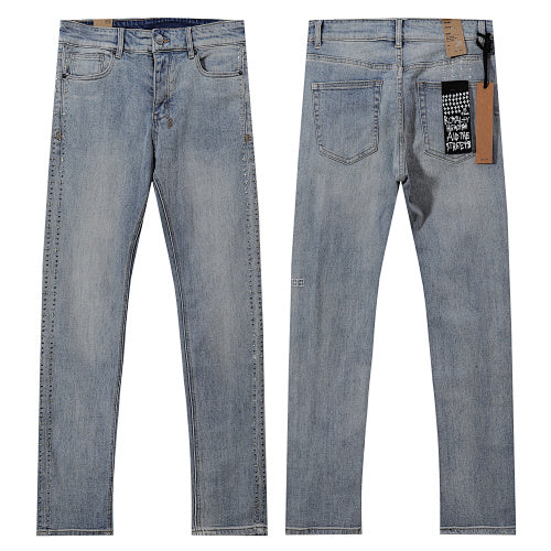 Ksubi Style Side Seam Studded Slim Fit Jeans - Vintage Washed Light Blue Denim