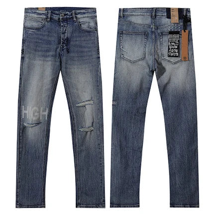 Ksubi Style Distressed Knee "HIGH" Printed Slim Fit Jeans - Vintage Washed Blue Denim