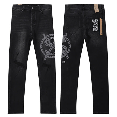 Ksubi Style Star Dollar Crest Printed Slim Fit Jeans - Washed Black Denim