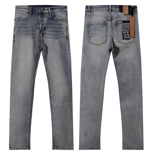 Ksubi Style All-Over Mini Cross Embroidered Slim Fit Jeans - Vintage Washed Blue Denim