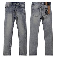 Ksubi Style All-Over Mini Cross Embroidered Slim Fit Jeans - Vintage Washed Blue Denim
