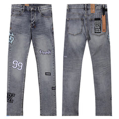 Ksubi Style Multi-Patch Slim Fit Jeans - Vintage Washed Grey Denim
