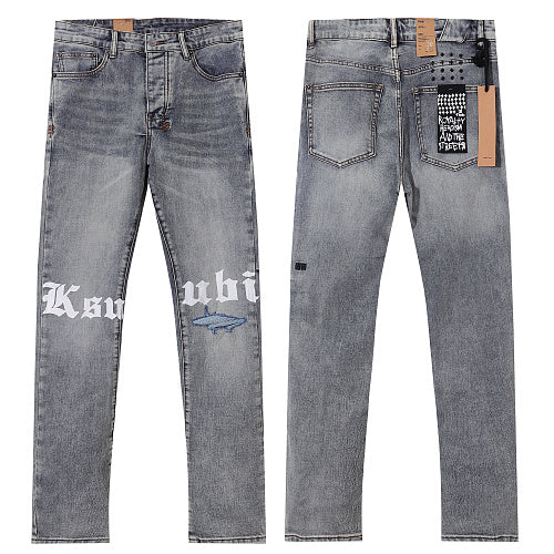 Ksubi Style Gothic Font Knee Print Slim Jeans - Vintage Washed Grey Denim