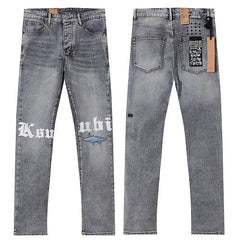 Ksubi Style Gothic Font Knee Print Slim Jeans - Vintage Washed Grey Denim
