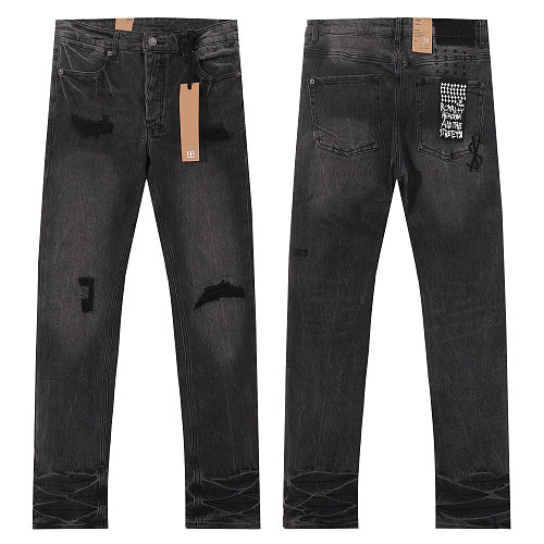 Ksubi Style Distressed Ripped Slim Fit Jeans - Vintage Washed Dark Grey Denim