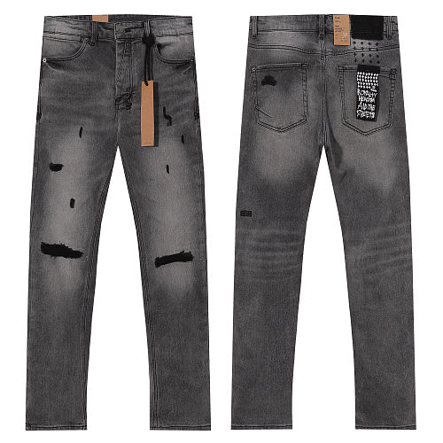 Ksubi Style Distressed Ripped Slim Fit Jeans - Vintage Washed Grey Denim