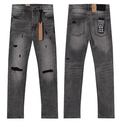 Ksubi Style Distressed Ripped Slim Fit Jeans - Vintage Washed Grey Denim